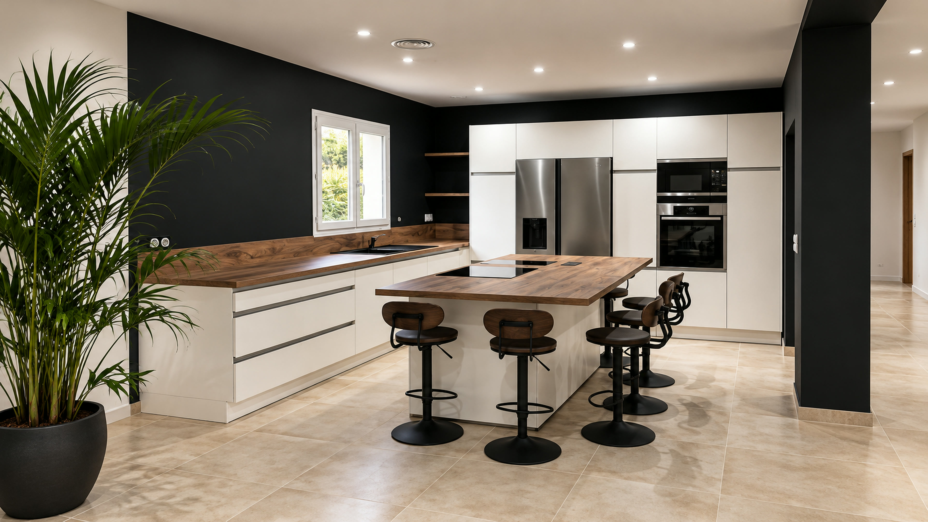 La cuisine réalisée par UNIKA : façades laque blanc mat, plan bois, mur anthracite.